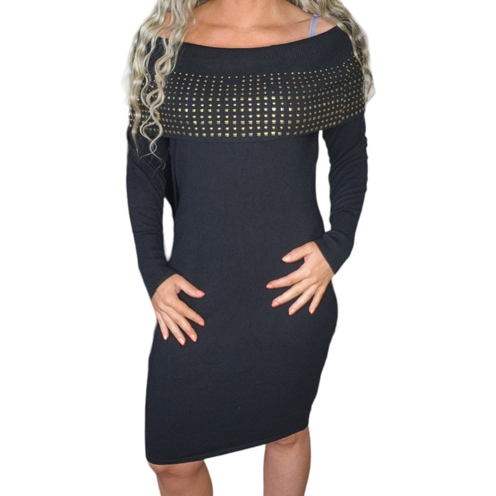 Vintage Off Shoulder Dress Womens 1X XL Black Gold Studded Long Sleeve Bodycon